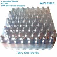 Amber Glass Bottles, 4 oz, 64 count with Black Glass Droppers WHOLESALE, by Mary Tylor Naturals