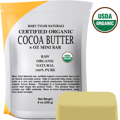 Organic Cocoa Butter, 8 oz, USDA-Certified, Raw, Unrefined Manufactured and Distributed by Mary Tylor Naturals