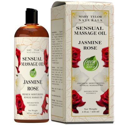 Sensual Massage Oil w/ Rose and Jasmine Essential Oil (8 Fluid Oz) – Perfect for Men, Women, Couples, Massaging, Nourishing the Skin, and Much More… By Mary Tylor Naturals