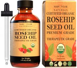 Organic Rosehip Seed Oil, 4oz, USDA-Certified, 100% Pure and Natural, Therapeutic Grade, Perfect for Aromatherapy, DIY Skin Care, Hair Care and So Much more, Manufactured and Distributed by Mary Tylor Naturals rosehip-4-oz
