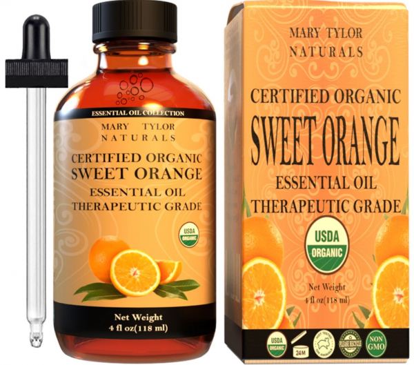 Organic Sweet Orange Essential Oil, 4oz, USDA-Certified, 100% Pure and Natural, Perfect for Aromatherapy, DIY Skin Care, Hair Care and So Much more, Manufactured and Distributed by Mary Tylor Naturals orange-4-oz 