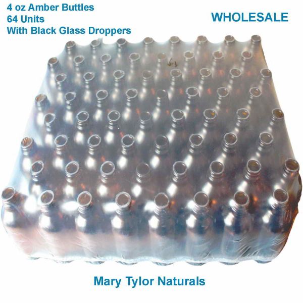 Amber Glass Bottles, 4 oz, 64 count with Black Glass Droppers WHOLESALE, by Mary Tylor Naturals GBA4OZ-0064 