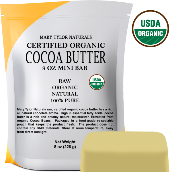 Organic Cocoa Butter, 8 oz, USDA-Certified, Raw, Unrefined Manufactured and Distributed by Mary Tylor Naturals CB-0008oz 